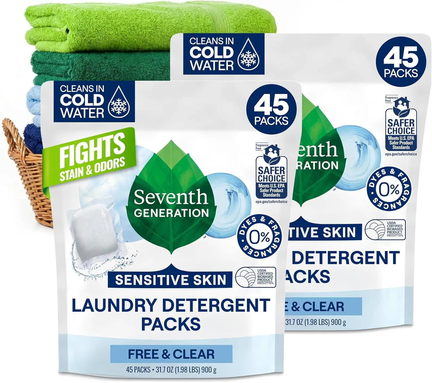 

Hypoallergenic Laundry Detergent Packs, Free & Clear, 90 Loads for Sensitive Skin