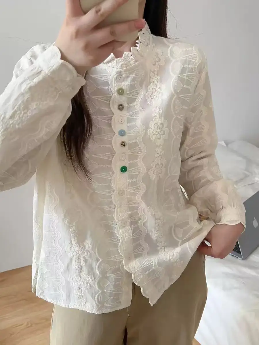 Women's Stand Collar Cotton Blouse Mori Girl Floral Embroidery Scalloped Placket Shirt with Colorful Buttons Long Sleeve Tops