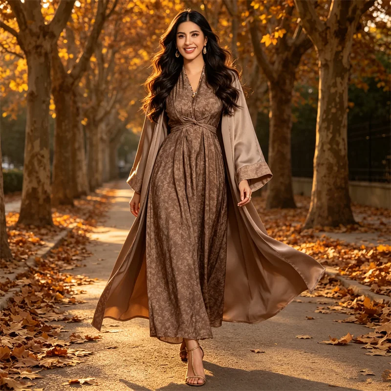 

Ramadan Muslim Women 2 Piece Set Kimono Jalabiya Open Abaya Maxi Dress Dubai Kaftan Turkey Robe Femme Musulmane Ensembles Suits