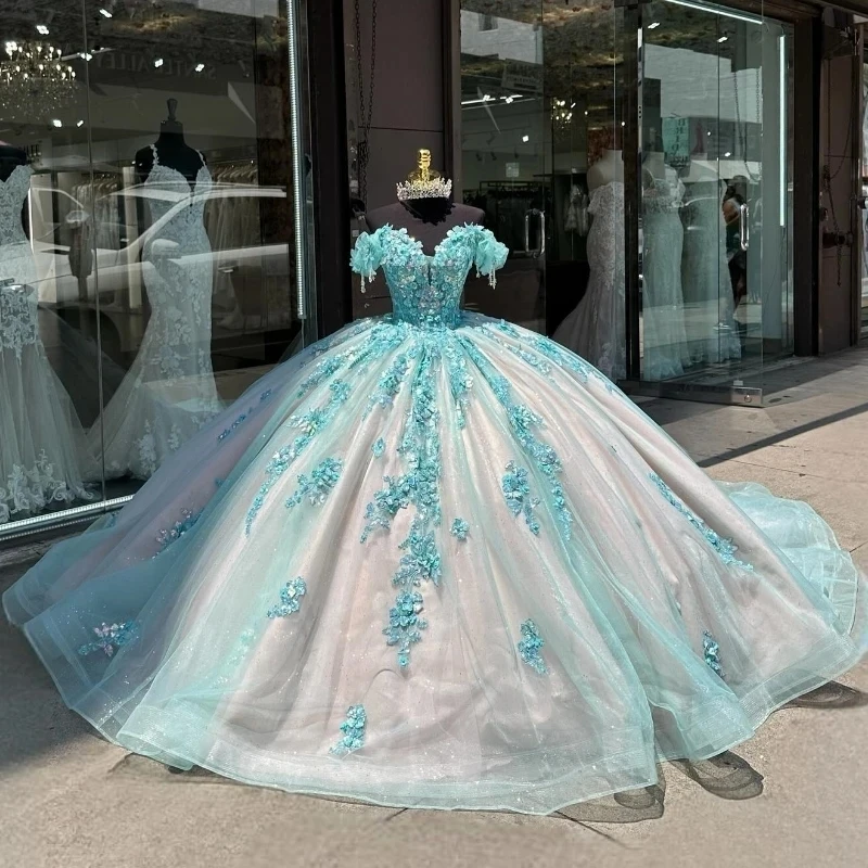 

Aqua Blue Shiny Princess Quinceanera Dress Off The Shoulder Ball Gown Lace Applique Beading Corset Sweet 16 Vestido 15 De Años