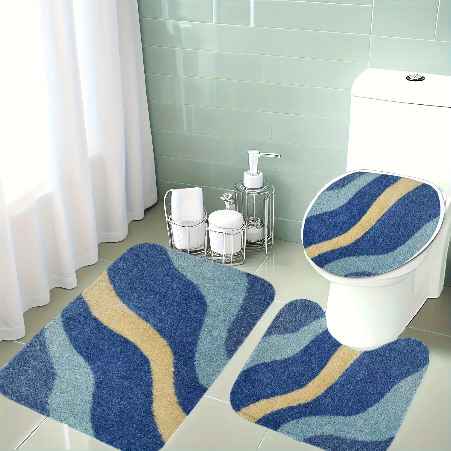 

Christmas Decoration, 3pcs Set with Blue and Yellow Wave Line Pattern Bathroom Mat Set, Toilet Lid Cover, U-Shaped Toilet Mat