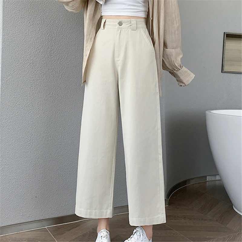 Seoulish Autumn New Ankle Length Women\'s Pants High Waist Straight Wide Leg Pants for Women Casual Lady Cotton and Linen Pants