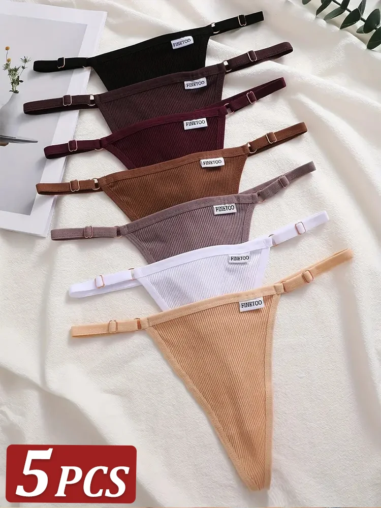 5PCS Women\'s Panties Cotton Thongs Adjustable Waist Sexy G-String Solid Color Seamless Intimate Female Underpants Lingerie S-XL