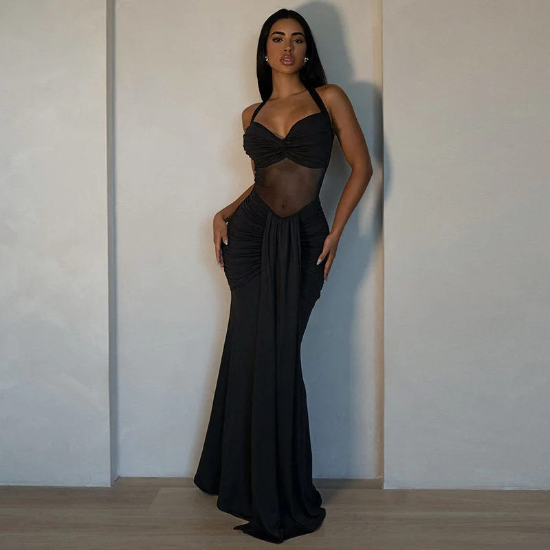 Backless Halter Bodycon Dress Women Ruched Wrap Tube Midi Club Party Summer Solid Black Sexy Night Out Cocktail Party Beach view 5