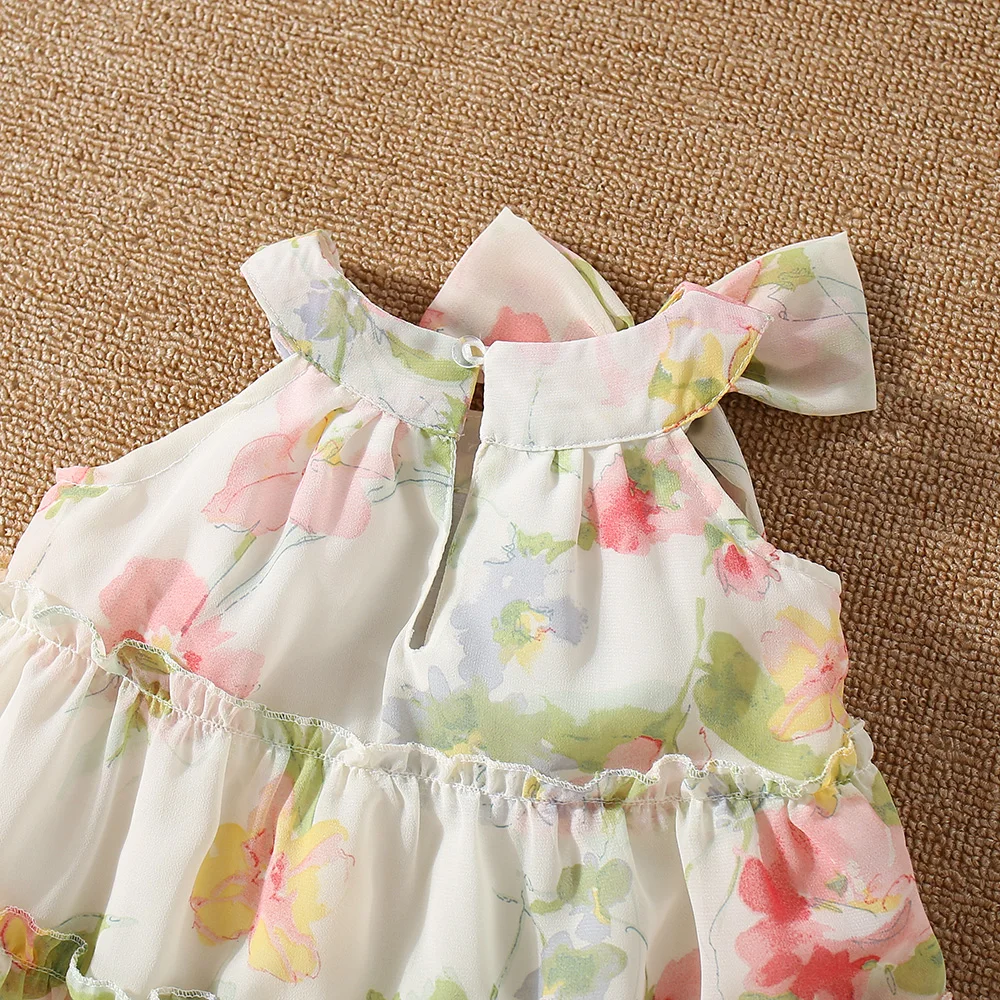 Summer Girls\' Dress Baby Girl Colorful Flower Print Shoulder Strap Bow Lace Chiffon Sleeveless Princess Dress