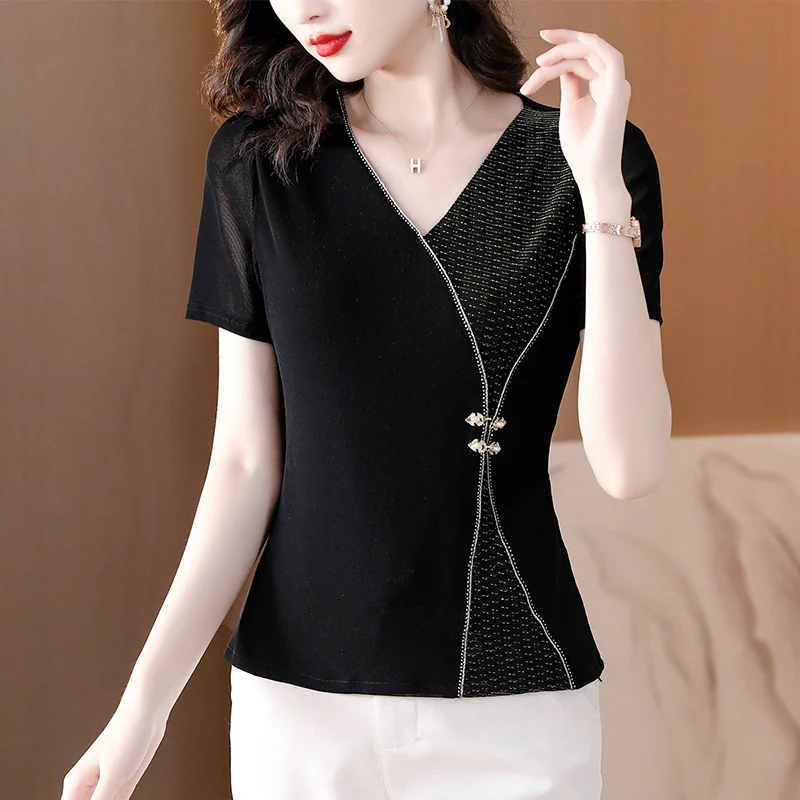 

#9230 Summer Black Office T Shirt Women V-neck Zipper Short Women's T-shirt Slim Fit Sexy V-neck Split Joint Mesh Tshirt Elegant