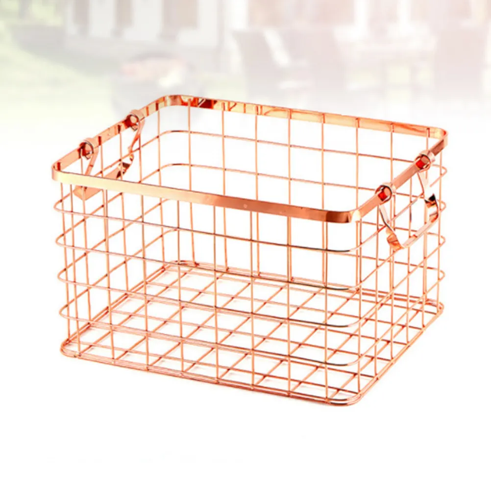 1Pcs Retro Style Iron Storage Basket Rose Gold Metal Wire Basket for Towels Cosmetics Snacks Seasoning Bottles Desktop