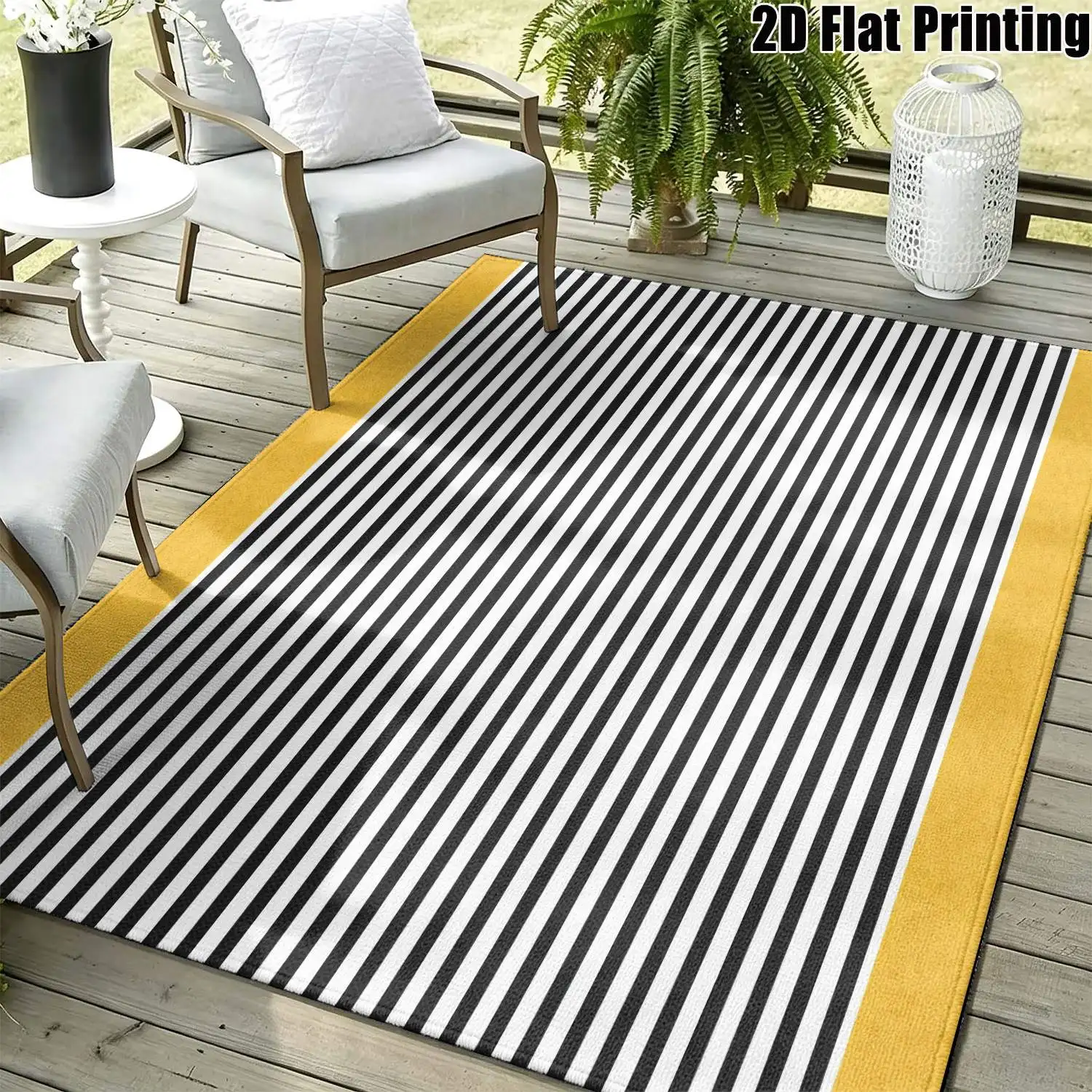 1Pc 2D Printed Geometric Striped Carpet, Yellow Black Nordic Modern Minimalist Instagram Style, Washable Floor Mat for Home Entrance Dining Living Bedroom, Multi-Size