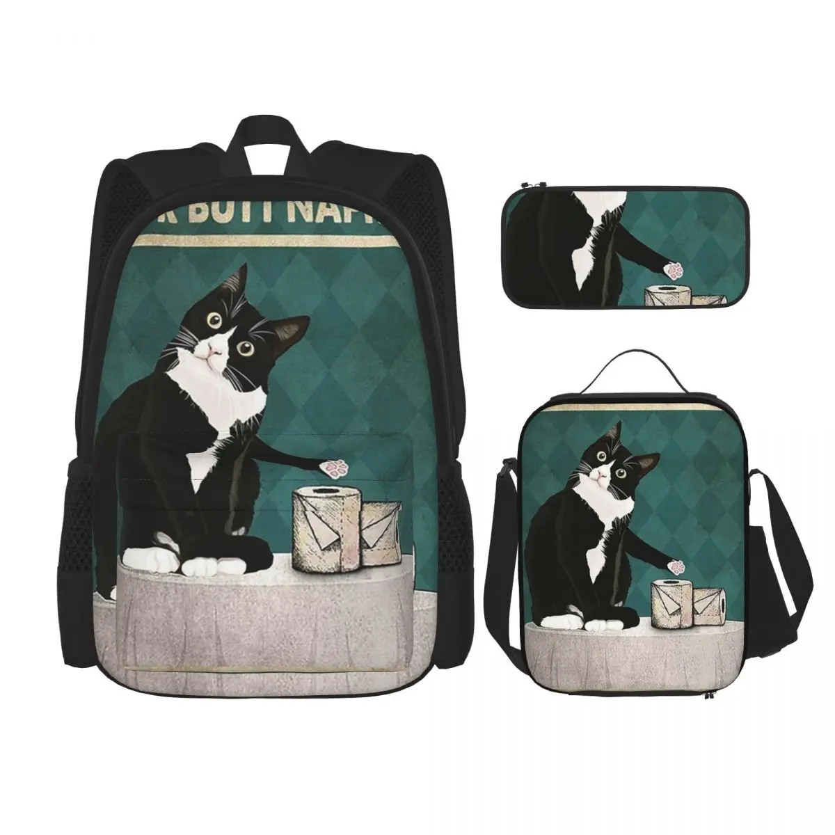 

Black Cat Your Butt Napkins My Lady Cat Backpacks Boys Girls Bookbag School Bags Rucksack Lunch Bag Pen Bag Three-Piece Set