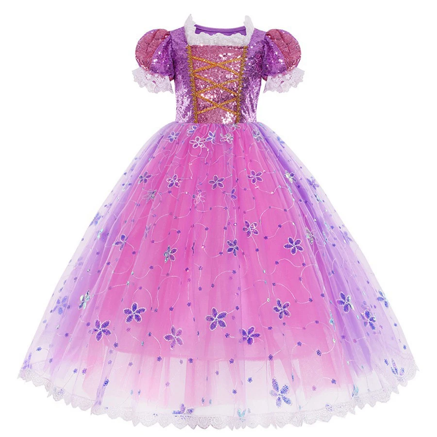 ラプンツェルドレスギフトスリーブパープルスパンコールメッシュレペプリンセスドレス誕生日ギフトパーティーチュチュ