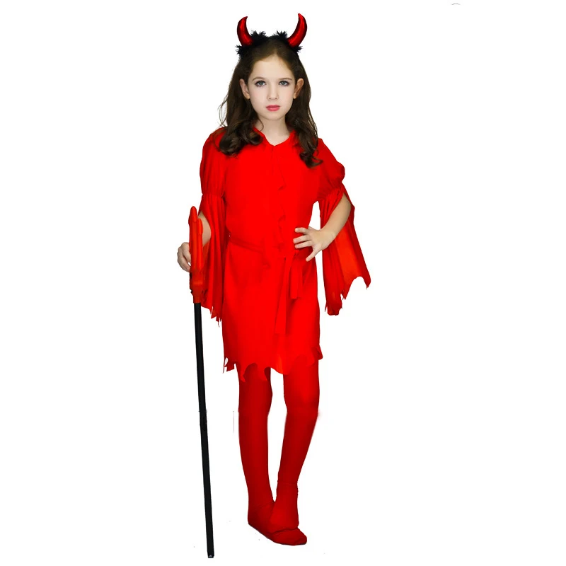 Baby Girls Red Little Demon Cosplay Kids Children Hell Devil Death Costumes Carnival Purim Stage Role Play Show Party Dress