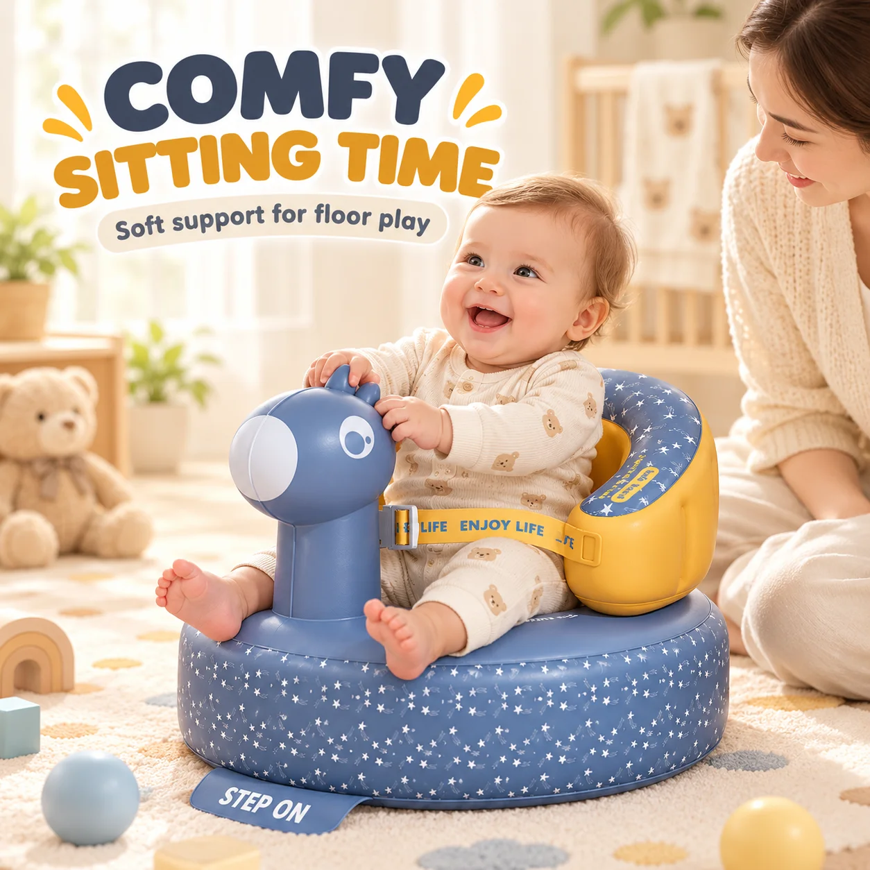 1PC Inflatable Baby Sitting Chair Built-in Pump Portable Infant Floor Seat with Back Support and Safety Belt Animal Design