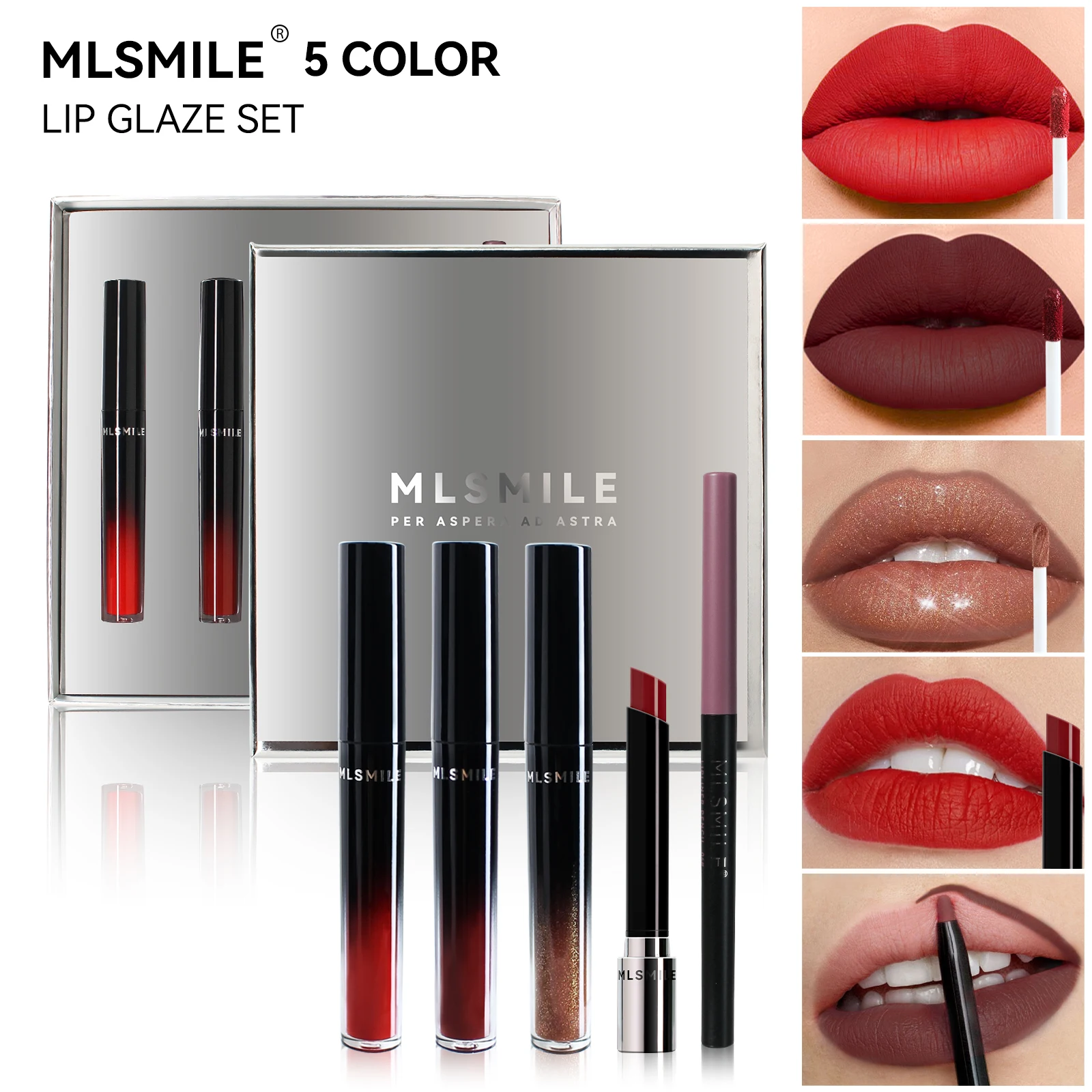MLSMILE Silver Premium Lip Glaze Zestaw upominkowy, nieprzywierająca pomadka do ust Lip Glaze 5 sztuk, nawilżająca, naturalna, wodoodporna, wzmacniająca