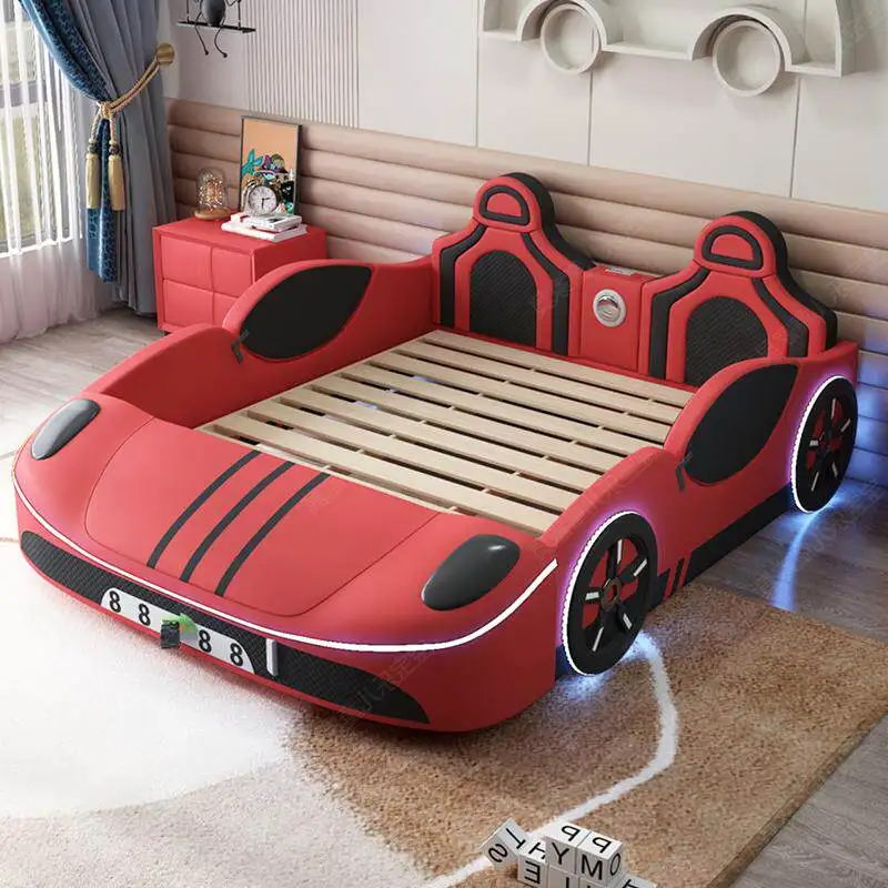 

Bed boy car primary school student double solid wood with guardrail, single household cartoon sports car bed
