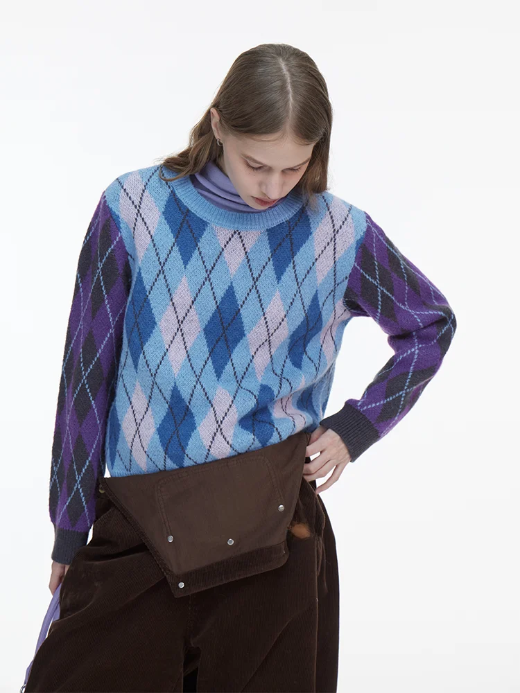 DNT Retro Color Blo Knitted Sweater round Ne Diamond Pattern Casual Sle Versatile Faionable New Arrival Winter 2025