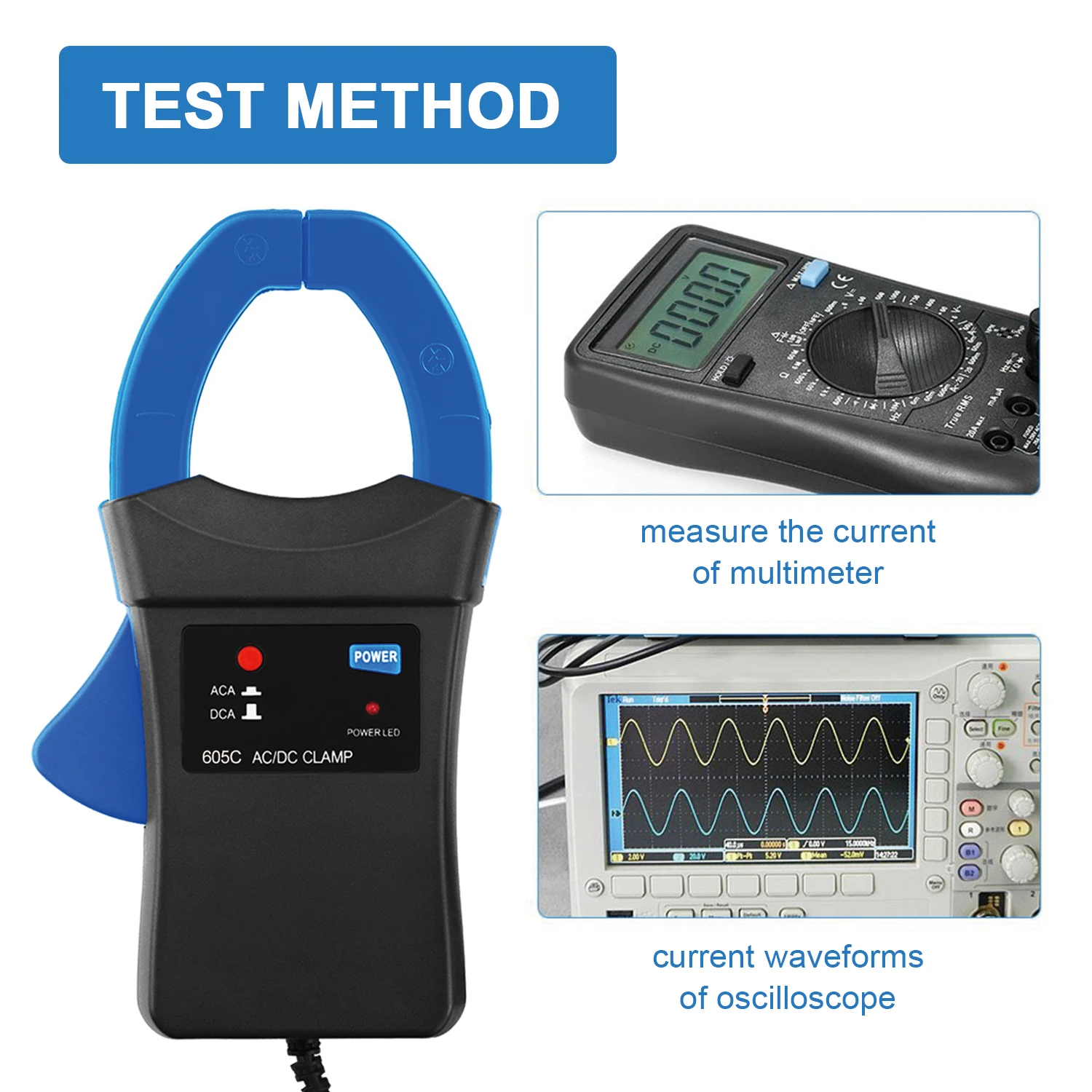 Tester per misuratore a pinza con adattatore per pinza di corrente CC/CA con sonde di prova, indicatore di alimentazione LED, include batteria