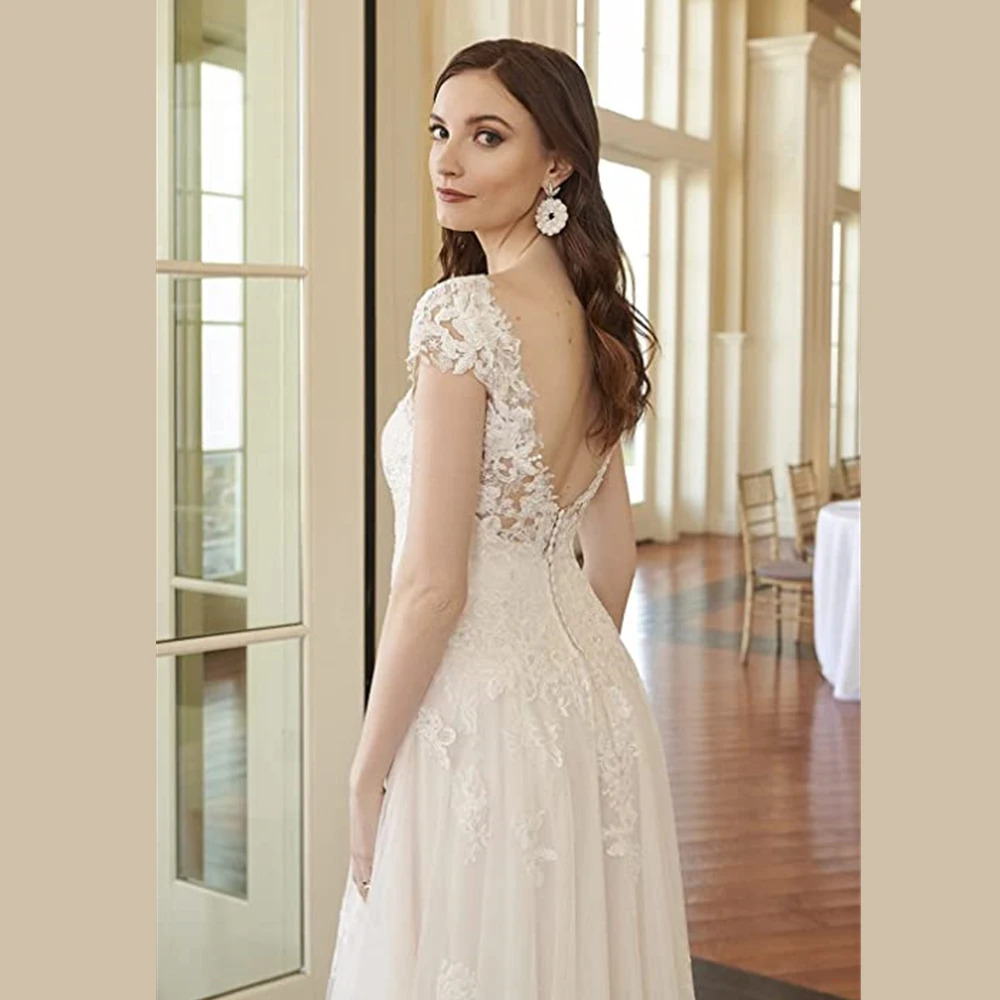 Elegante boné manga vestido de casamento a linha vestidos de noiva sem costas rendas apliques vestidos de noiva trem varredura vestidos de novia 2022