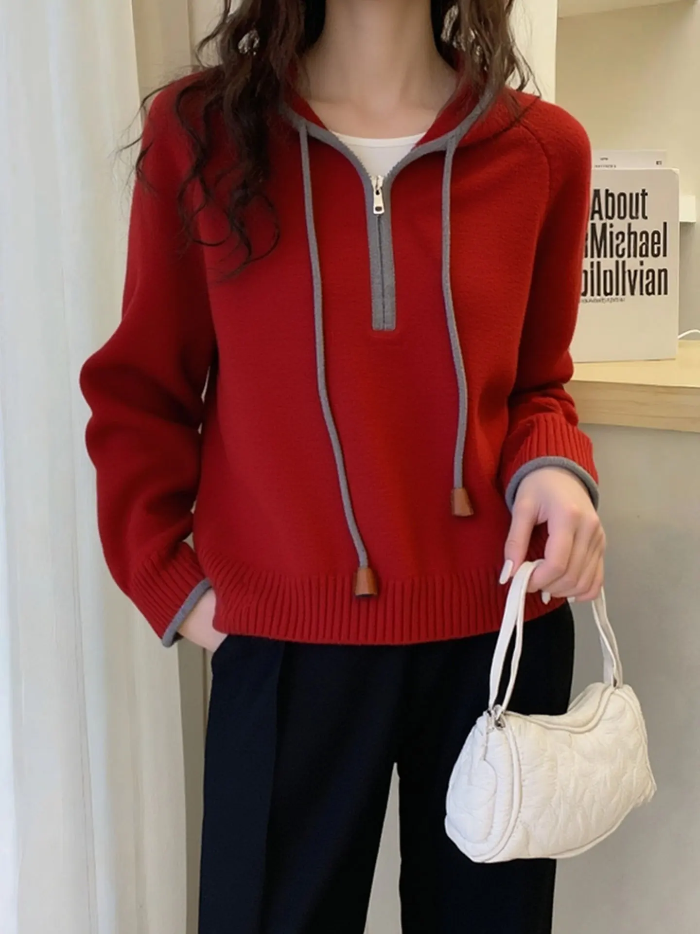 Felpa con cappuccio lunga rossa di Capodanno Sve Camere maglione lavorato a maglia da donna sciolto pigro Sle inverno top caldo termico versione coreana