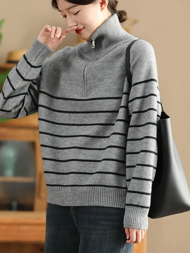 Max LuLu Turtleneck Striped Ladies Winter Classic Sweaters Luxury Loose Pullover Casual Vintage Elegant Cotton Harajuku Jumpers