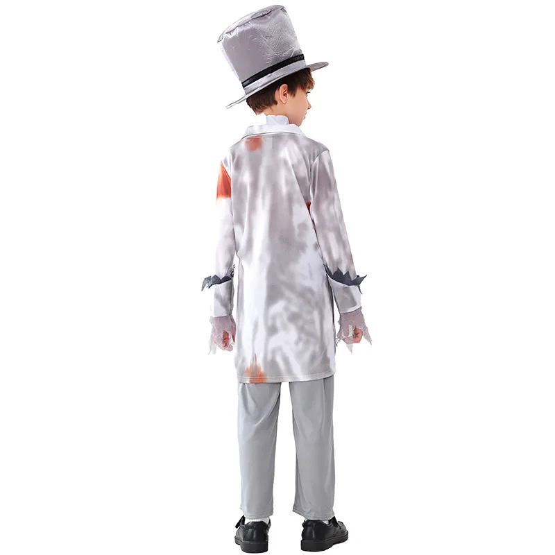 Kid Halloween Cosplay Costumes Gray Vampire Cos Suit Zombie Boy Top Pants Hat Neckwear 4 Pcs Set Devil Costume