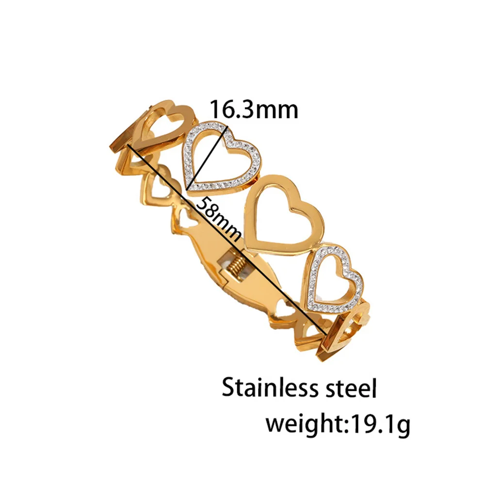 أساور قلب مجوفة من الزركون من الفولاذ المقاوم للصدأ ، أساور بإبزيم ربيعي مطلية بالذهب ، مجوهرات نسائية ، هدية عيد الحب