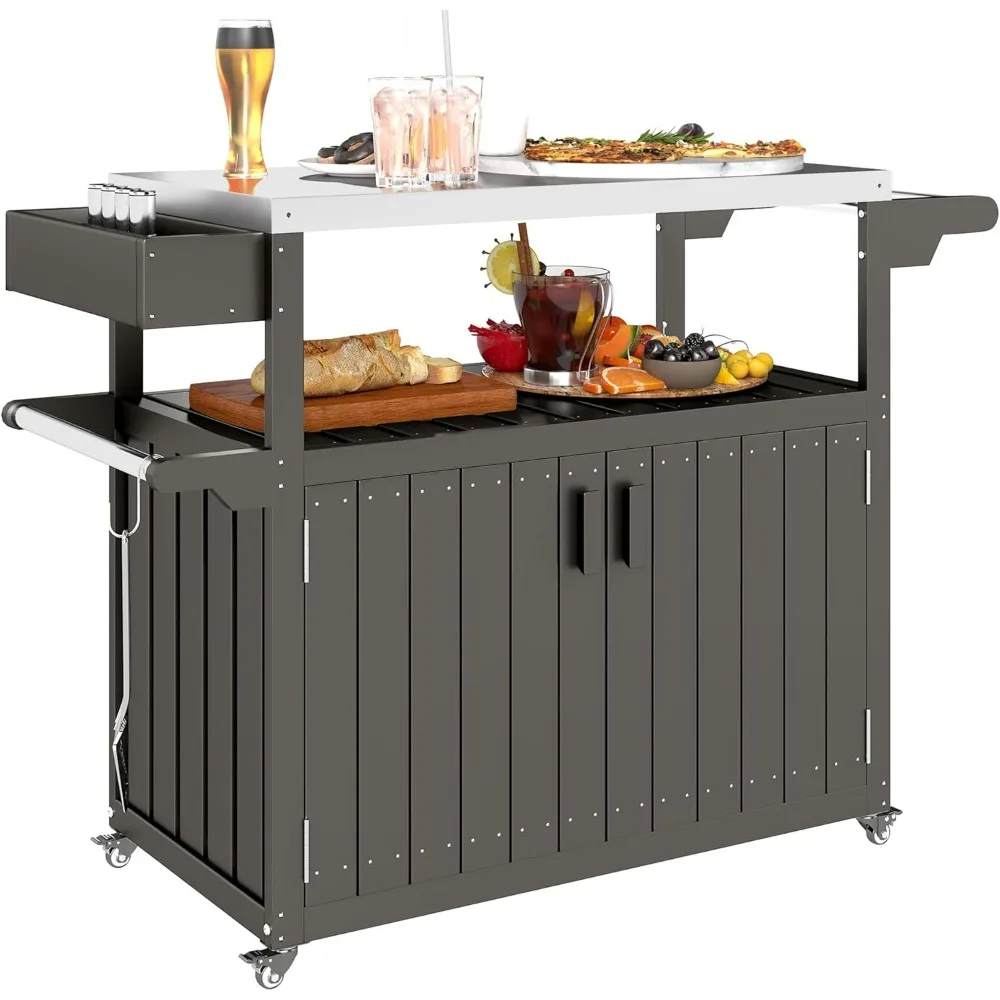 

Outdoor Bar Cart with Storage Cabinet, Stainless Steel Top Kitchen Island on Wheels, HDPE Outdoor Bar Table, Movable Pa