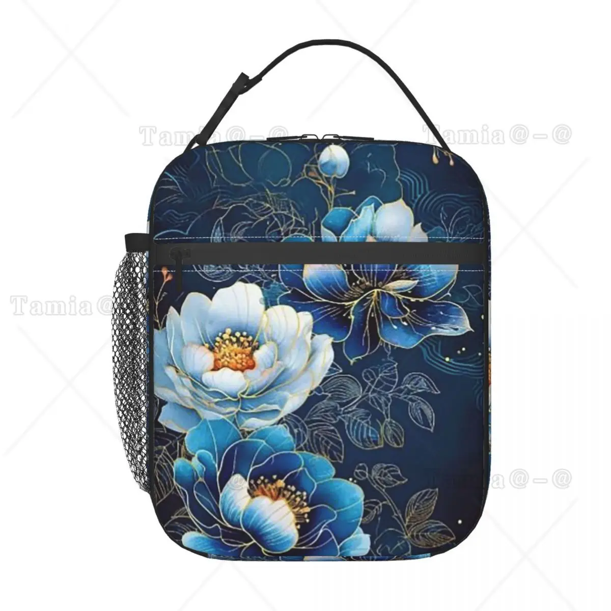 Purple Flower With Golden Border Pattern Insulated Lunch Bag for Women Children Portable Food Boxes Thermal Lunch Box Tote