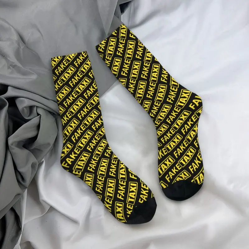 Fashion Print Fake Taxi Socks for Men Women Stretchy Summer Autumn Winter Crew Socks