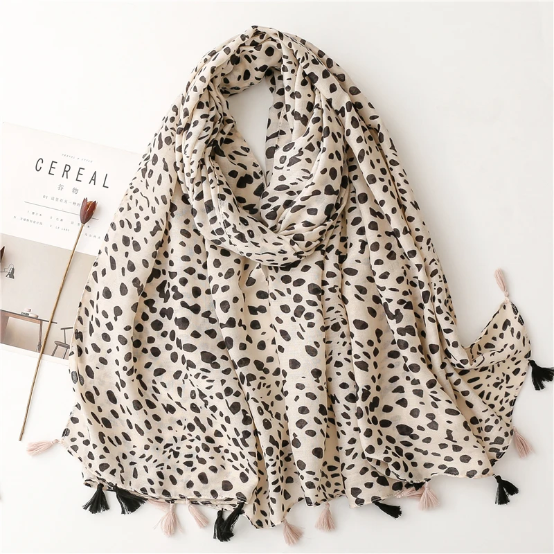 Soft Linen Cotton Scarf Shawls Women Luxury Premium Foulard Femme Long Spotted leopard print Tassel Scarfs Scarves Echarpe