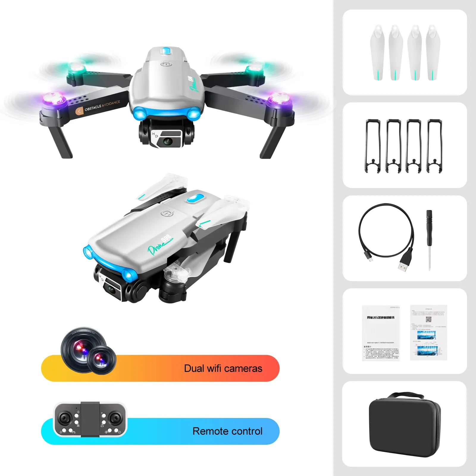 Drone S98 avec éclairage haute définition pour enfants, caméra pour touristes, mode sauna, résistant à 360, effets spéciaux, roulant, pliable