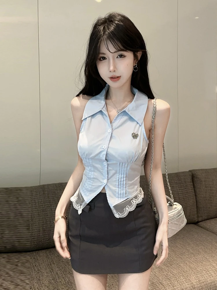 

High Quality Korean Style Neck Sleeveless Blue Shirt Top Slim Fit Wrap around Skirt Set Summer Fashion Women's Ensemble