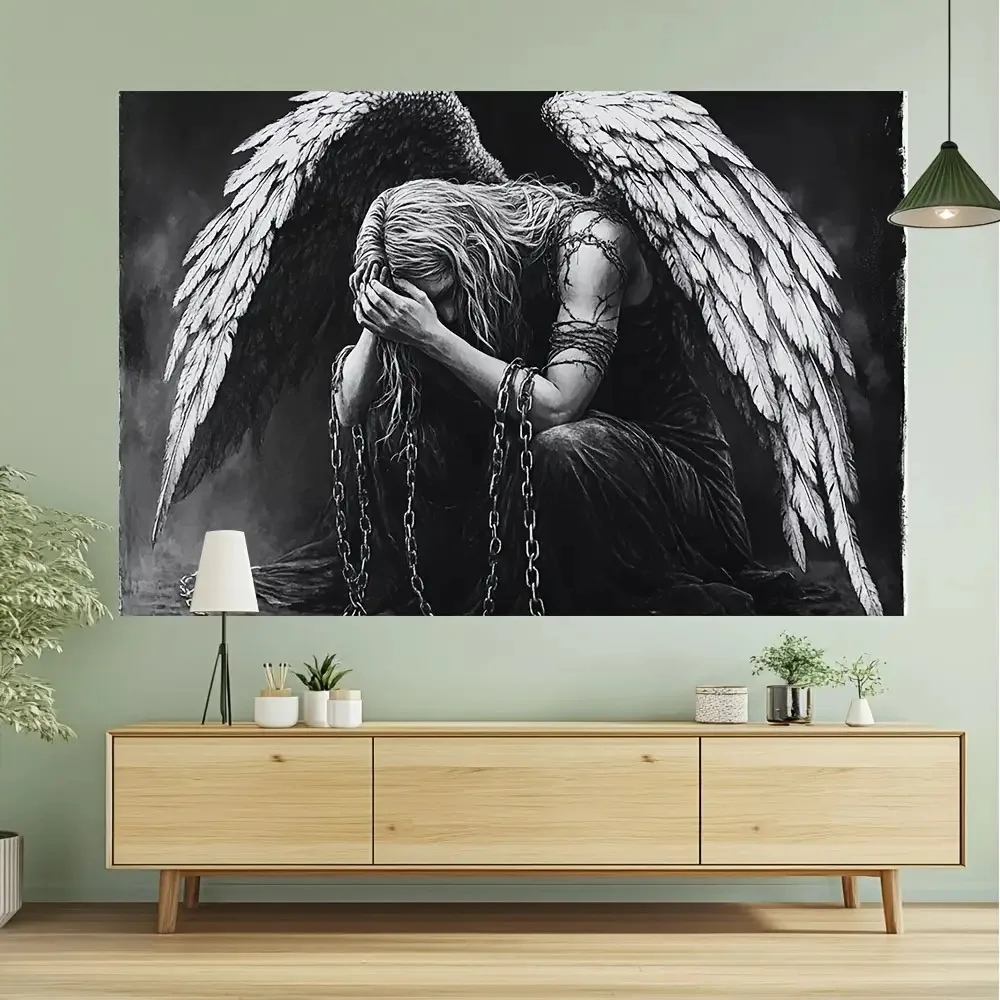 Fallen Angel in Chains Tapestry, Black and White Captive Angel with Broken Wings Print Wall Hanging for Gothic Room Decor