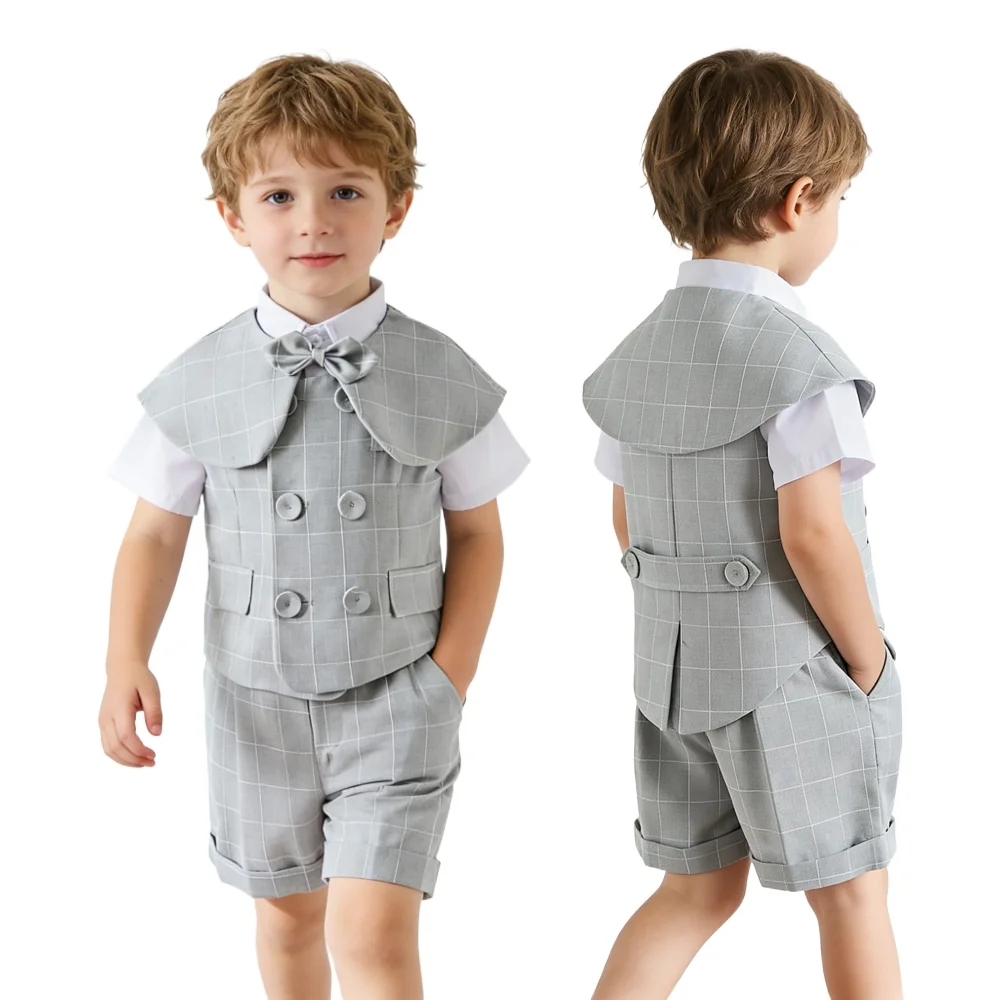 

Костюм для мальчиков: серый льняной комплект в клетку с галстуком-бабочкой для торжественных мероприятий – летний смокинг для свадеб и вечеринок, детская одежда