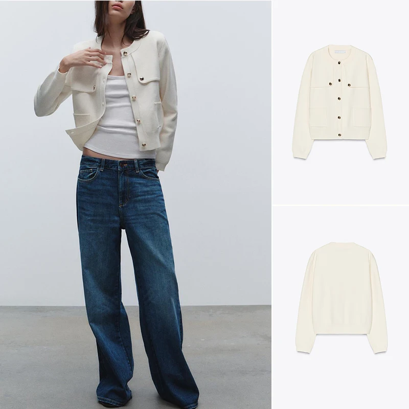 

Новая весенняя женская вязаная длинная верхняя одежда Све круглая Ne с золотыми пуговицами, декоративный слой, прямой кардиган из полиэфирного волокна