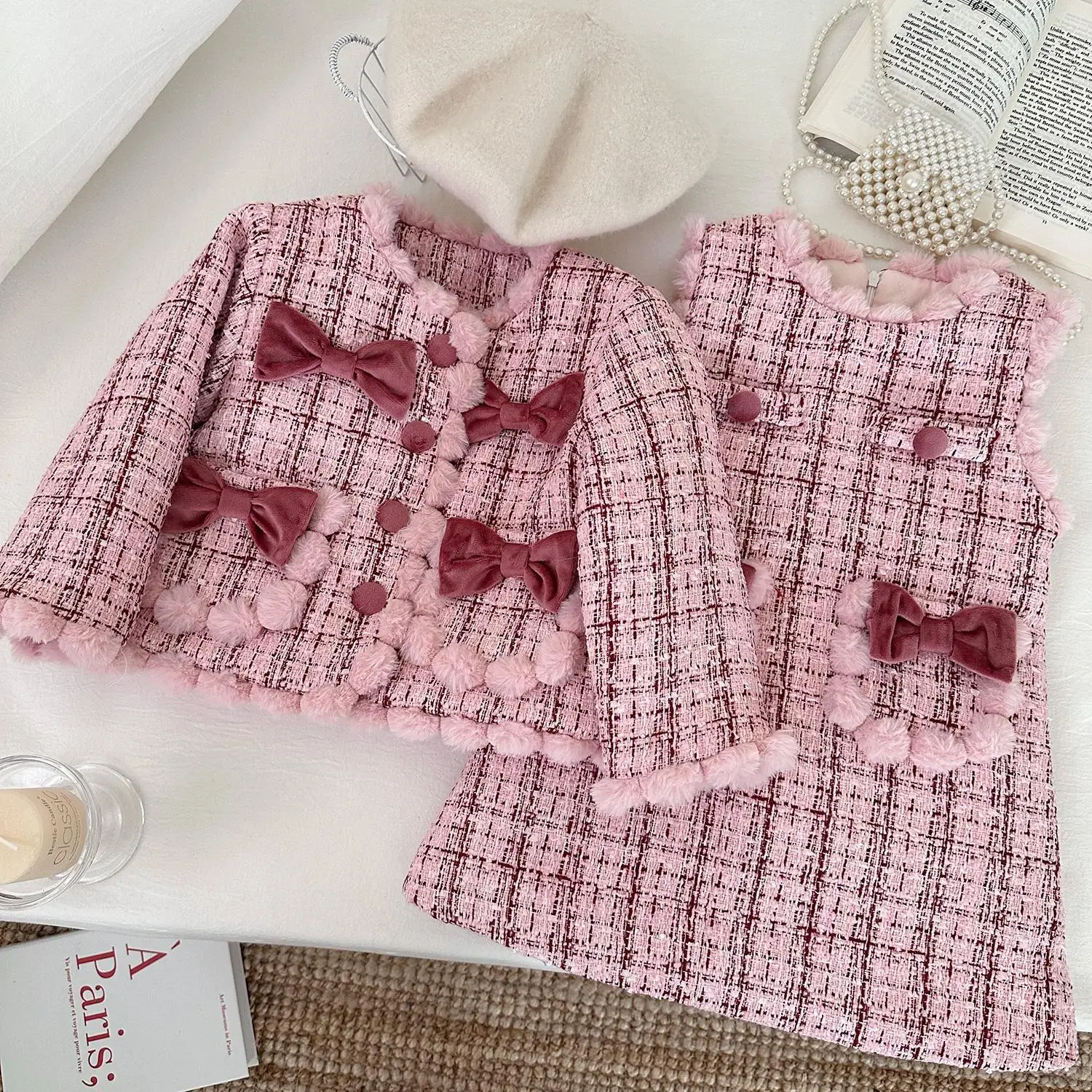 Girls Clothing Sets Winter Kids Girl Sweet Plaid Bow Coat and Dress 2pcs Clothes Suit Children Girl Princess Warm Clothes 3 5 8