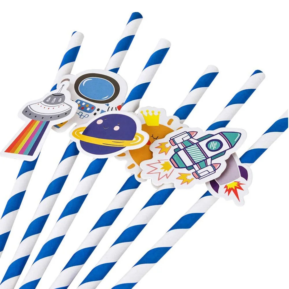 20/40pcs Outer Space Party Disposable Straw Paper Drinking Straw Astronaut Rocket Birthday Party Decoration