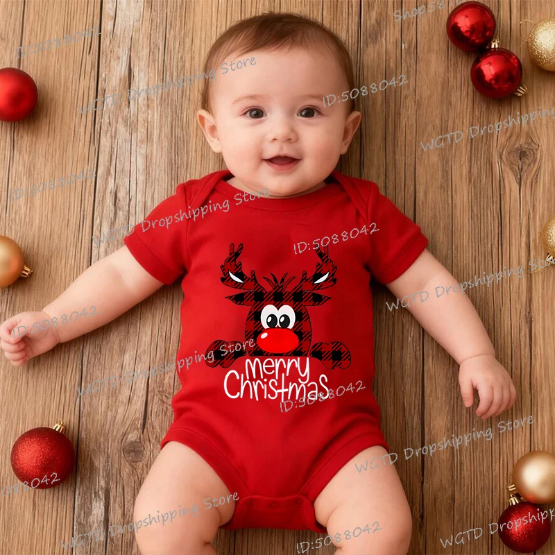 

Merry Christmas Grid Deer Design Newborn Bodysuit Short Sleeve Jumpsuit Boy Girl Baby Clothes Soft Cotton Xmas Infant Romper