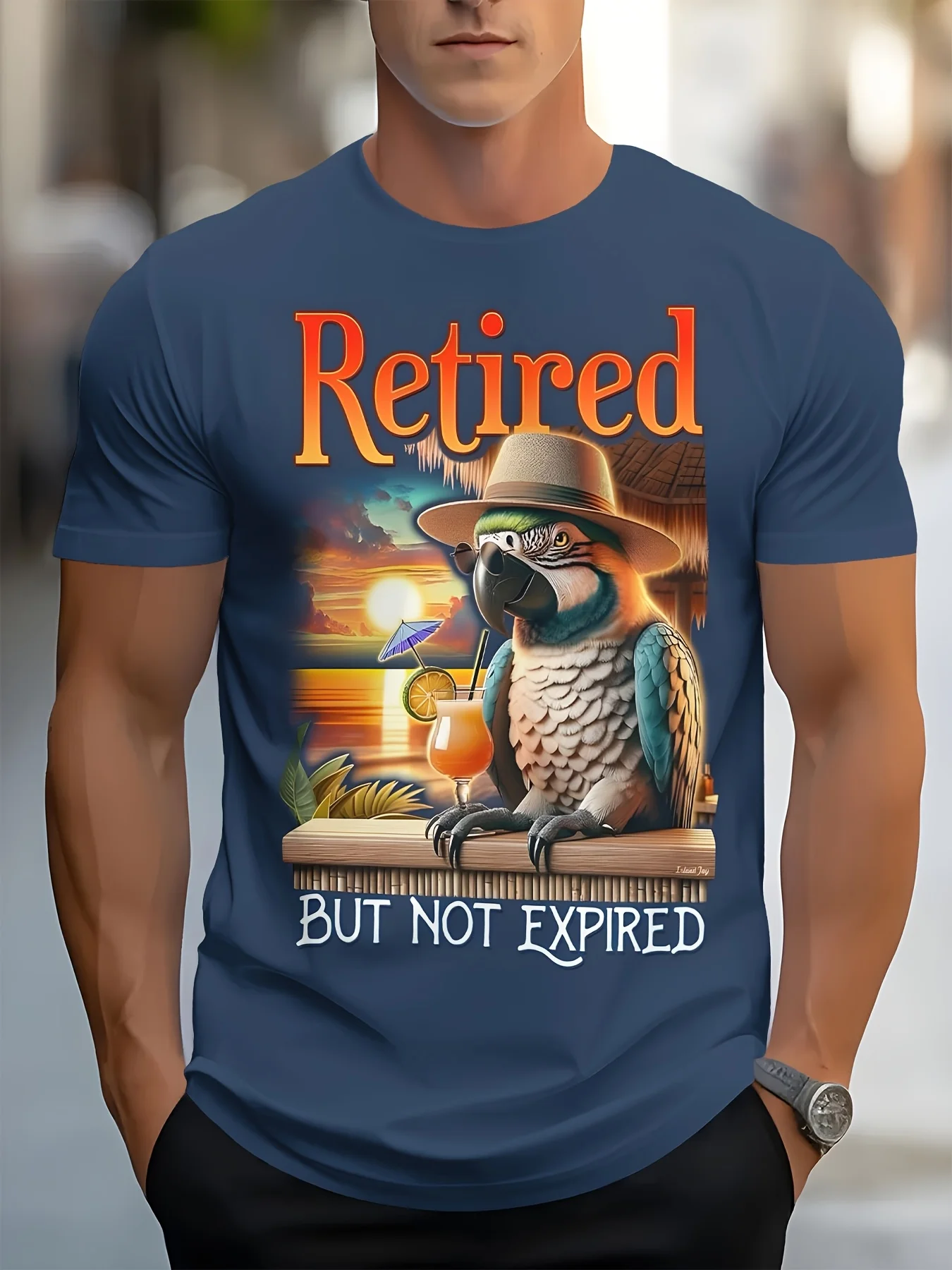 Funny Retired But Not Expired T-Shirt, Cool Macaw Parrot Beach Sunset Cocktail Graphic Crew Neck Men Vacation Shirt