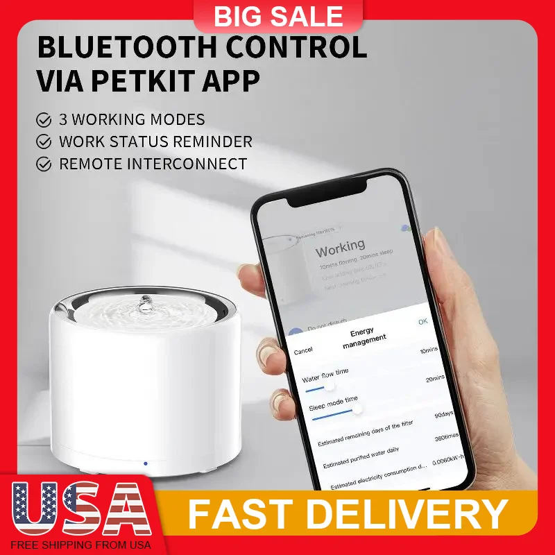 

1.8L Stainless Dog Cat Water Fountain Wireless Pump 3 Modes App Control 4-Stage Filtration Quiet Detachable USB Pet Fountain