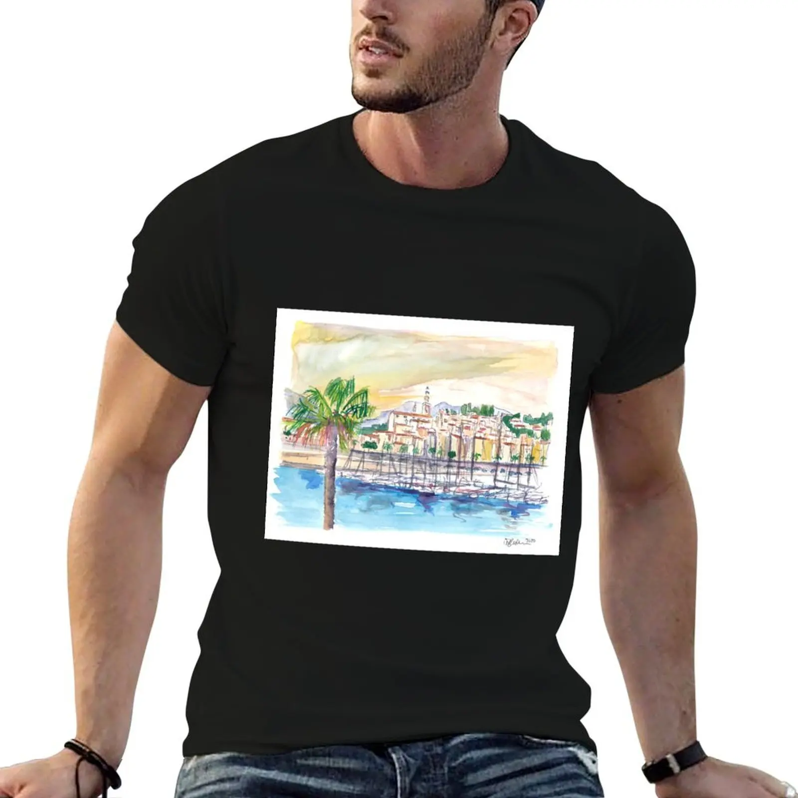 Menton Provence France Harbour Scene with Waterfront T-Shirt vintage anime shirt customizeds men graphic t shirts