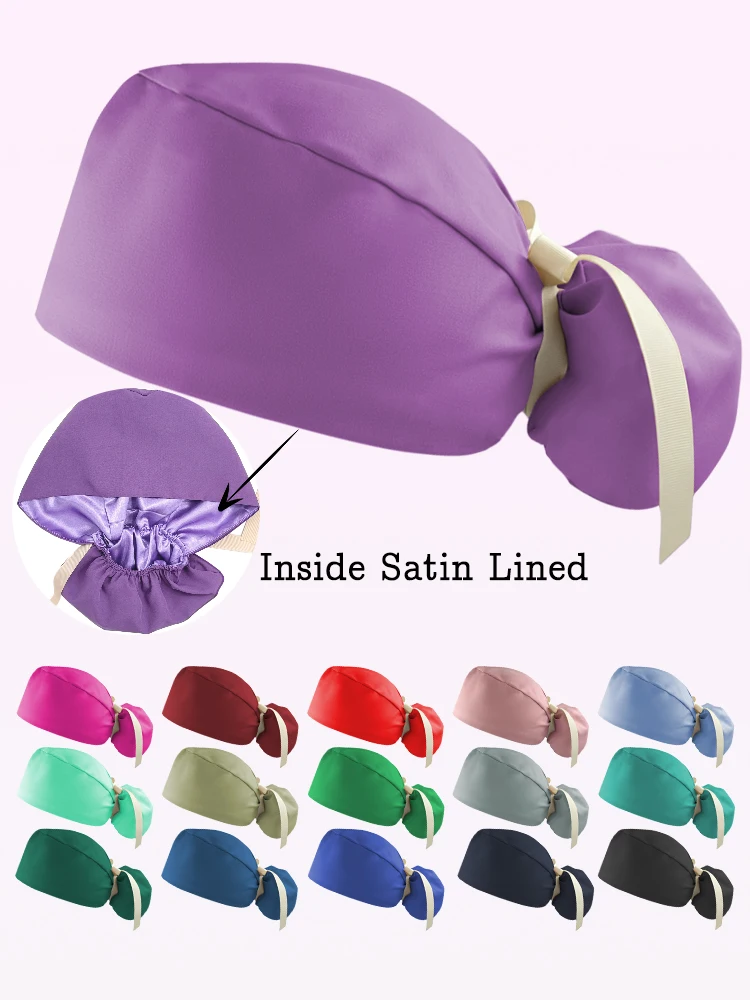 Nouveaux bonnets médicaux en satin soyeux avec doublure, chapeaux de chirurgie à queue de cheval pour cheveux longs, bonnets d'infirmière vétérinaire, bonnets de dentiste pédiatrique, chapeaux de chef
