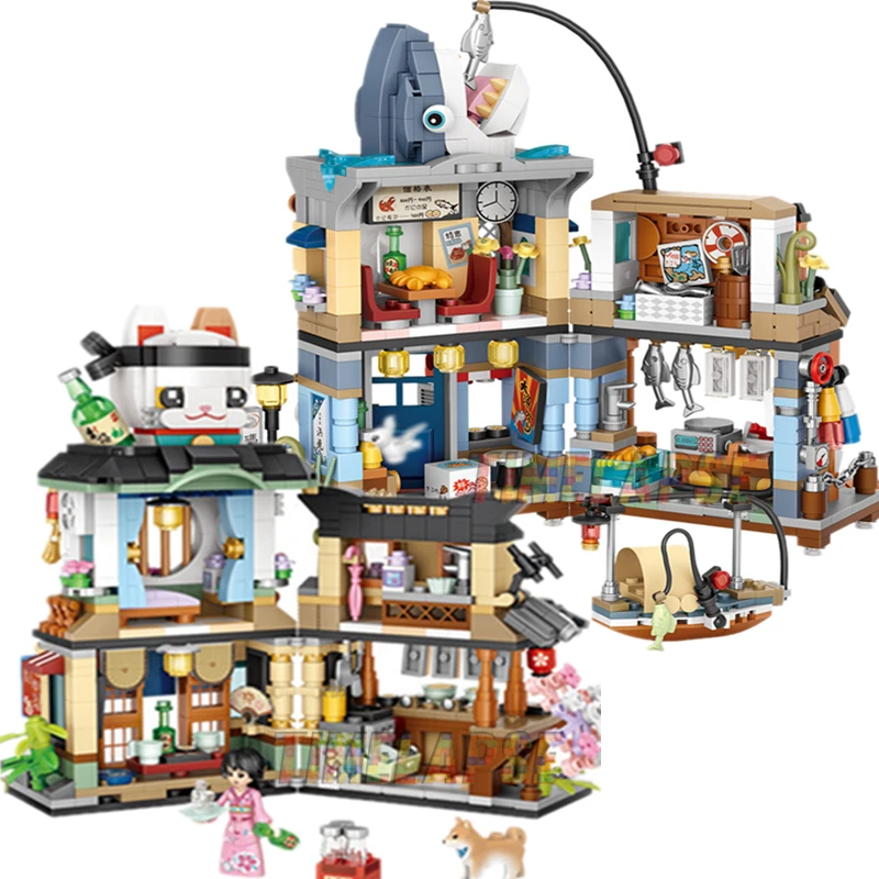 NEW Restaurant Pet Tavern Aquatic Store Street View Shop Food House Building Blocks Kit Girls Bricks Model Kids Toy Children