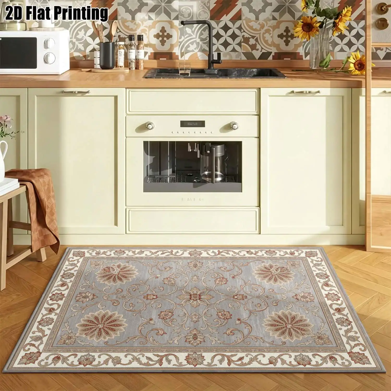 1Pc 2D Printed Blue-Grey Floral Carpet European Retro Geometric Home Decor Carpet, Multiple Sizes, Machine Washable, Suitable for Entrance, Dining, Foyer, Bedroom, Living Room.