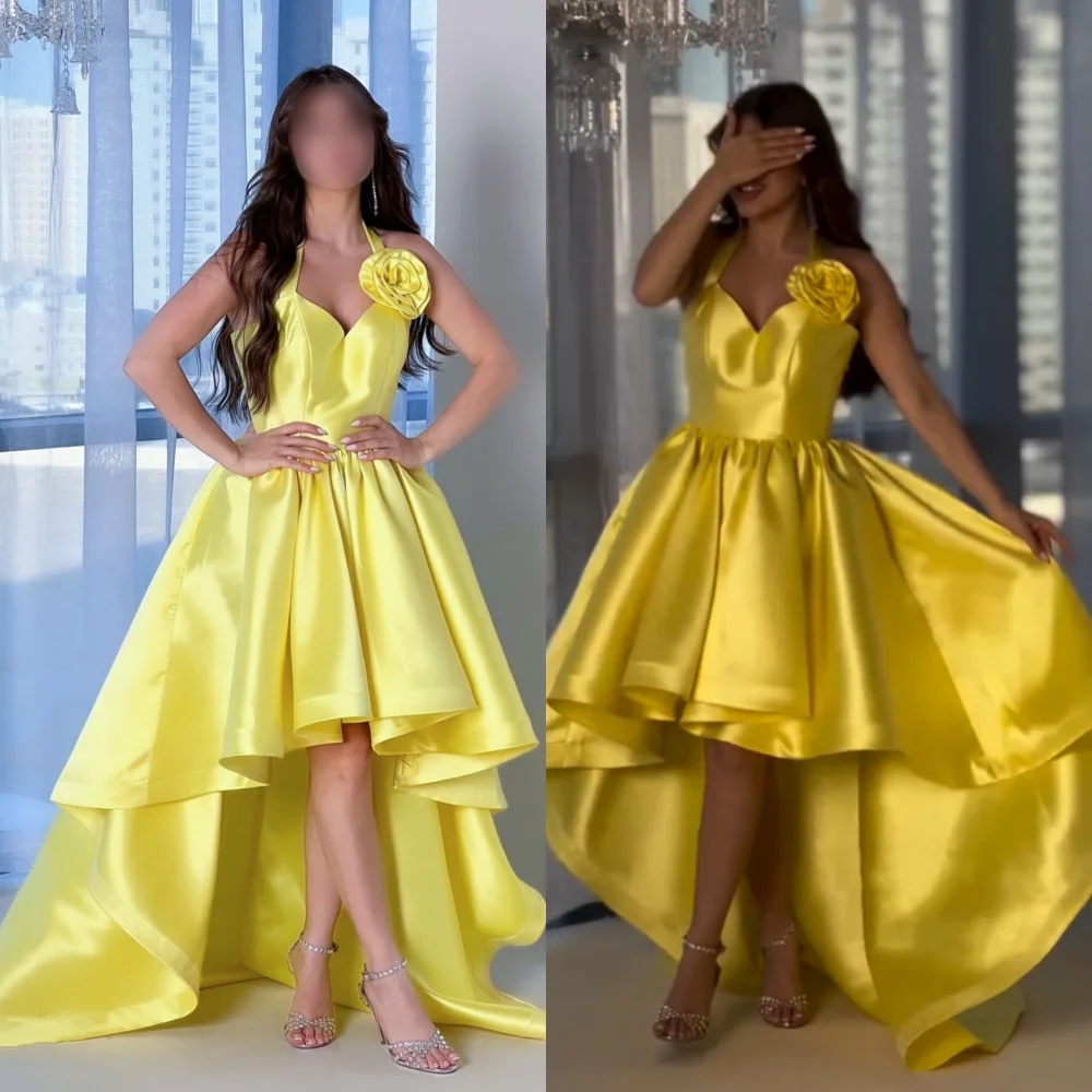 

Customized Charmeuse Applique Flower Halter A-line Hi-Lo Dresses Bespoke Occasion Simple Elegant High Quality