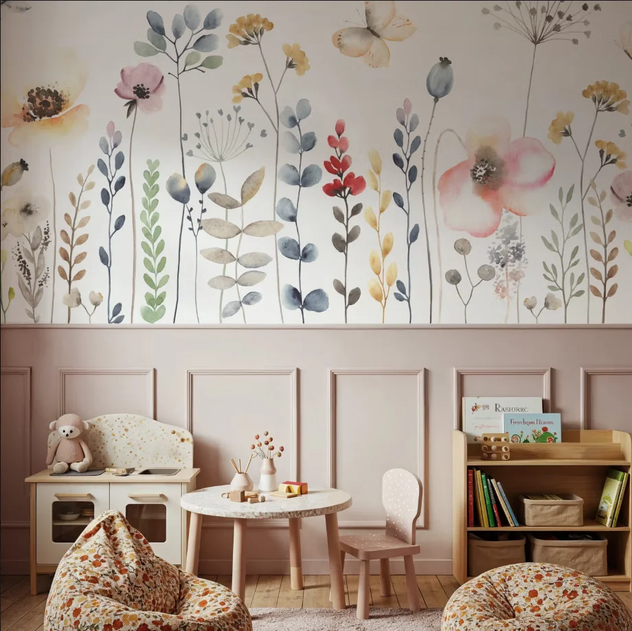 Customized size mural, hand-painted watercolor, wildflower wallpaper, home decoration, pastoral style decorative painting mural