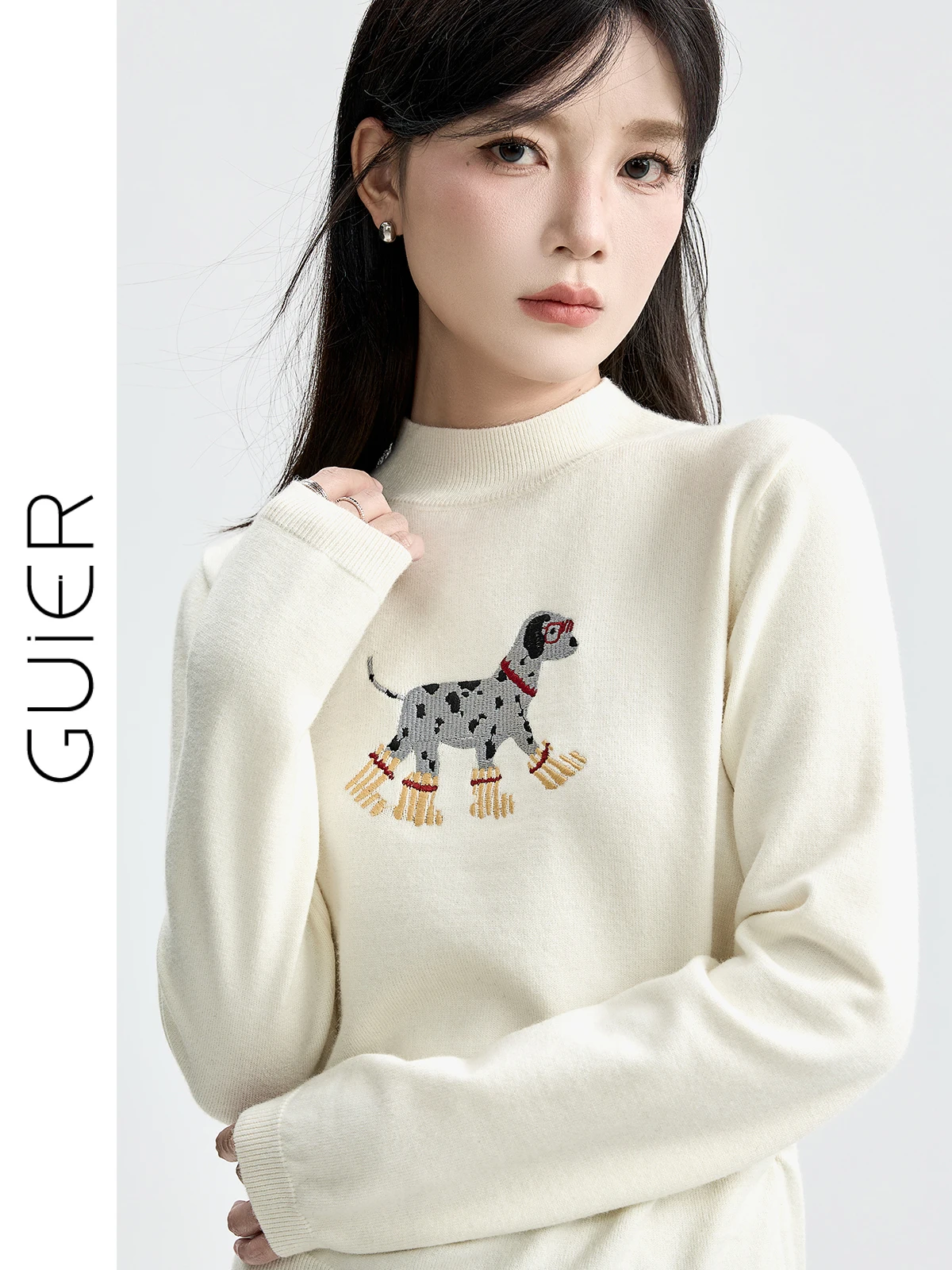 

Женский вязаный топ Guier с вышивкой, высоким воротником и длинными рукавами, повседневный, зимний, модный, для работы, с анималистическим принтом