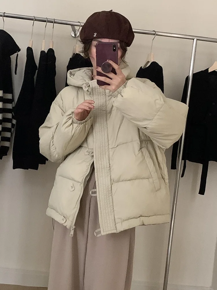 

2023 Female New Style Loose And Comfortable Coat Green / Black / Gray / Beige Hooded Fashion Thickening Down Jacket