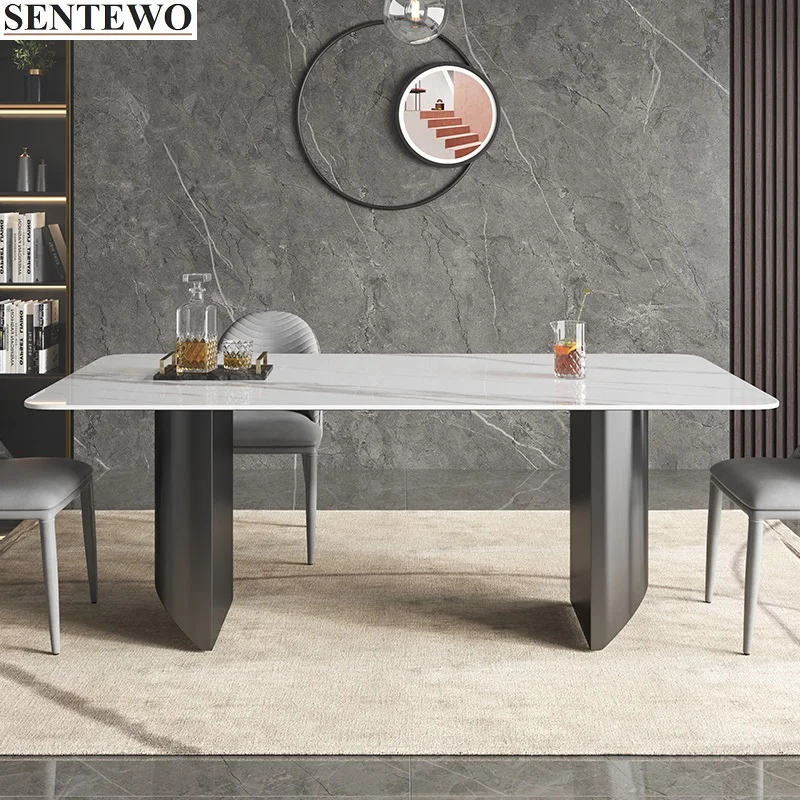 Ltalian Rock Slab Kitchen Dining Table With Dinning Chairs Carbon Steel Base Faux Marble Table Dinner Chair Set Esstisch Tische