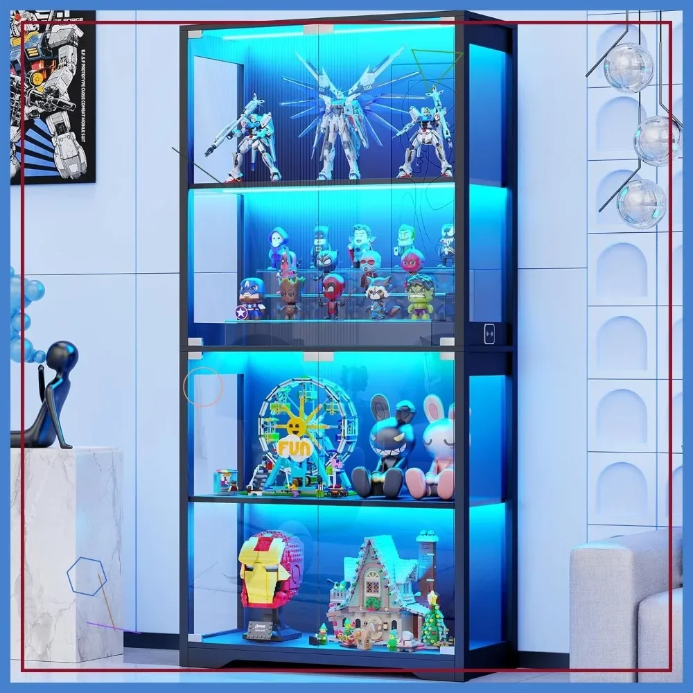 isplay Cabinet with Glass Doors, 4-Tier Display Case, Black Curio Cabinet with 3 Color Lights for Collectibles, Storage Cabinets
