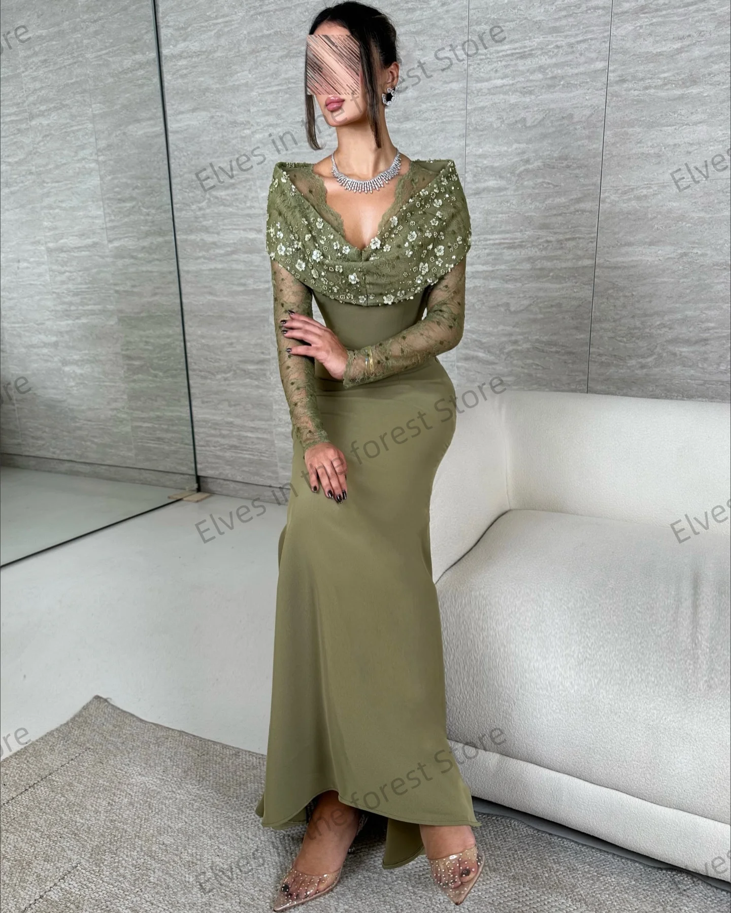 فساتين سهرة حورية البحر الخضراء العتيقة للنساء أنيقة على شكل حرف V وأكمام طويلة فساتين حفلات مخصصة بطول الأرض فساتين الزفاف